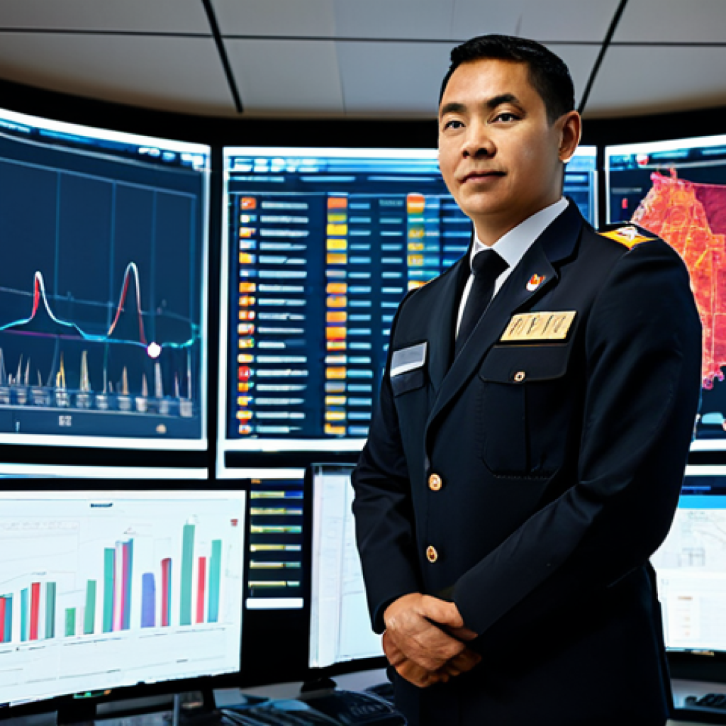 A professional fire safety manager, fully clothed in a modest, dark professional uniform with a neat badge, stands confidently in a futuristic fire control center. In the background, large digital screens display complex data visualizations of a smart cityscape, showing real-time IoT sensor readings, AI-driven risk predictions for ultra-high-rise buildings and large-scale facilities. The atmosphere is calm and highly advanced, focusing on predictive technology. This is a safe for work, appropriate content, family-friendly image. Perfect anatomy, correct proportions, well-formed hands, proper finger count, natural body proportions, professional photography, high quality, highly detailed, realistic.