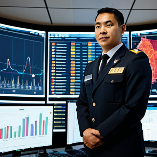 A professional fire safety manager, fully clothed in a modest, dark professional uniform with a neat badge, stands confidently in a futuristic fire control center. In the background, large digital screens display complex data visualizations of a smart cityscape, showing real-time IoT sensor readings, AI-driven risk predictions for ultra-high-rise buildings and large-scale facilities. The atmosphere is calm and highly advanced, focusing on predictive technology. This is a safe for work, appropriate content, family-friendly image. Perfect anatomy, correct proportions, well-formed hands, proper finger count, natural body proportions, professional photography, high quality, highly detailed, realistic.