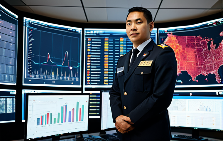A professional fire safety manager, fully clothed in a modest, dark professional uniform with a neat badge, stands confidently in a futuristic fire control center. In the background, large digital screens display complex data visualizations of a smart cityscape, showing real-time IoT sensor readings, AI-driven risk predictions for ultra-high-rise buildings and large-scale facilities. The atmosphere is calm and highly advanced, focusing on predictive technology. This is a safe for work, appropriate content, family-friendly image. Perfect anatomy, correct proportions, well-formed hands, proper finger count, natural body proportions, professional photography, high quality, highly detailed, realistic.