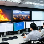 소방안전관리사와 관련된 사고 사례 - A detailed scene inside a modern Japanese office building&rsquo;s fire safety control room, showing a dive...