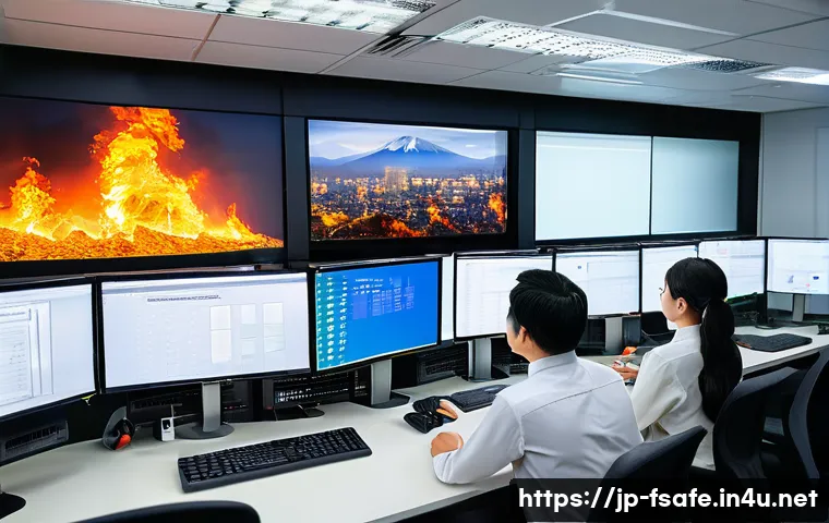 소방안전관리사와 관련된 사고 사례 - A detailed scene inside a modern Japanese office building&rsquo;s fire safety control room, showing a dive...