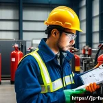 소방안전관리사 취업 가능한 산업군 - A detailed scene inside a modern manufacturing factory focused on fire safety management. Show worke...