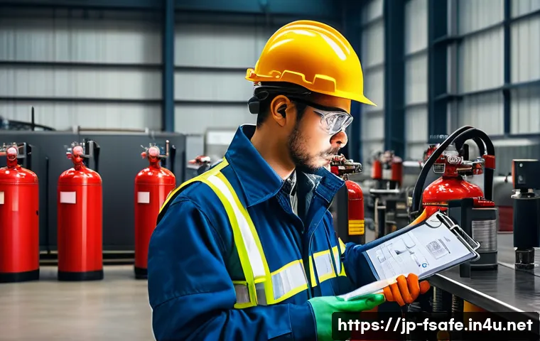 소방안전관리사 취업 가능한 산업군 - A detailed scene inside a modern manufacturing factory focused on fire safety management. Show worke...