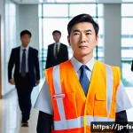 소방안전관리사와 방화관리사의 차이점 - A professional Japanese fire safety manager in business attire wearing a safety vest, conducting a d...