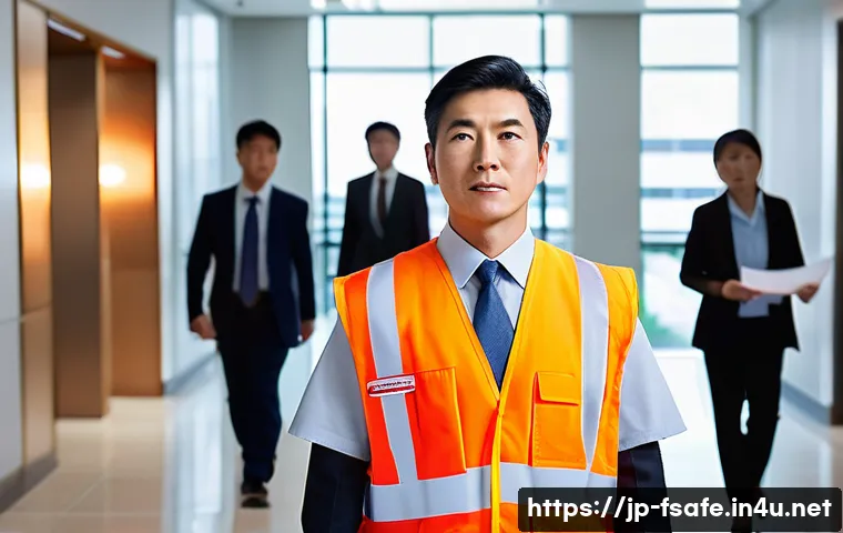 소방안전관리사와 방화관리사의 차이점 - A professional Japanese fire safety manager in business attire wearing a safety vest, conducting a d...