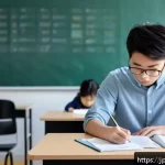 소방안전관리사 시험 모의고사 활용법 - A focused Japanese student sitting at a neatly organized desk in a quiet, modern study room labeled ...