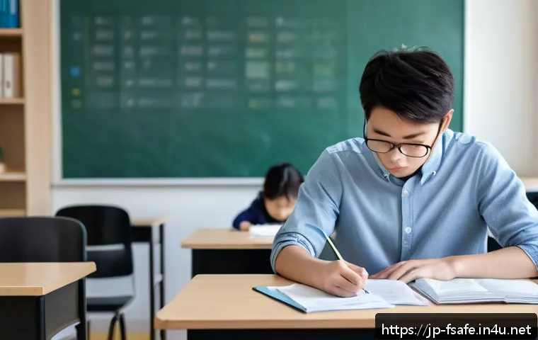 소방안전관리사 시험 모의고사 활용법 - A focused Japanese student sitting at a neatly organized desk in a quiet, modern study room labeled ...