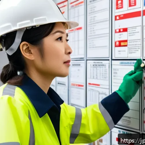 소방안전관리사 자격증의 장점과 단점 - A professional Japanese fire safety manager in a modern office environment, wearing business attire ...