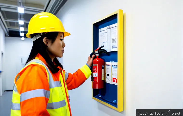 소방안전관리사 실무에서의 안전 점검 노하우 - Photorealistic Japanese fire safety manager in a clean commercial building corridor, wearing a neat ...