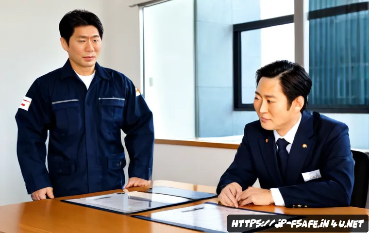 소방안전관리사 연봉 협상 전략 - Photorealistic Japanese fire safety manager in a neat navy work uniform presenting a well-organized ...